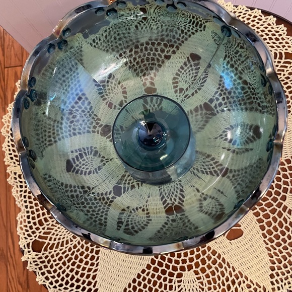 Vintage Indiana Glass Blue Carnival Compote Centerpiece Bowl & Glass Fruit - Picture 6 of 12